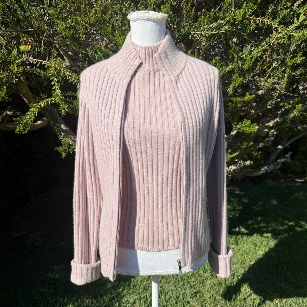 Carlisle Womens 100% Cashmere Ribbed Twin Set Pink Cardigan Shell Mock Neck M